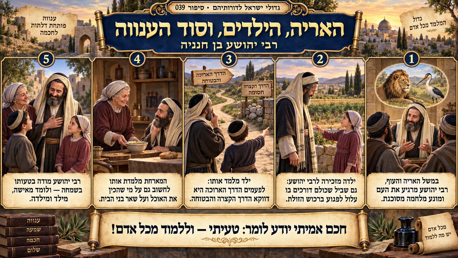 תמונת סיכום — רבי יהושע בן חנניה: האריה, הילדים, וסוד הענוה